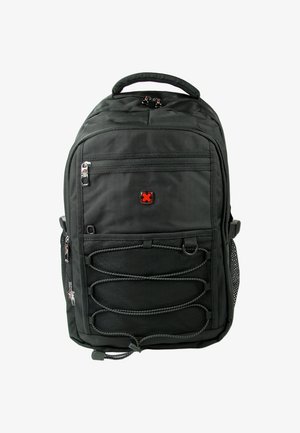 Zwarte stoffen rugtas met meerdere ritssluitingen, net zijvakken en decoratieve gevlochten accenten aan de voorkant.