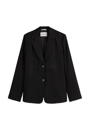 Blazer nero con rever a punta, due tasche frontali e chiusura a due bottoni. Realizzato in tessuto testurizzato con una vestibilità sartoriale.