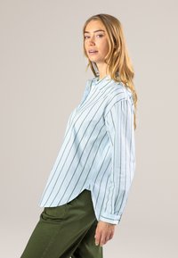 Light blue striped shirt with green vertical lines, collared, long sleeves, and a slightly curved hem, paired with olive green trousers.
