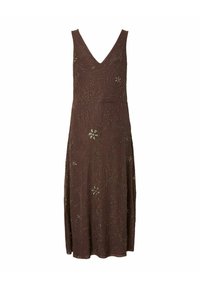 Robe midi marron sans manches avec un col en V, présentant des motifs floraux et en spirale complexes en perles et sequins sur toute la surface.