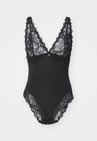 Maillot de bain une pièce noir avec des finitions en dentelle le long de l'encolure en V profonde et des jambes, présentant un motif floral texturé et un petit accent métallique.