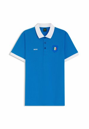 Blue polo shirt with white collar and sleeve cuffs, three buttons, "BOSS" text on left chest, and an Italian flag shield patch on right chest.