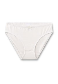 Witte katoenen slip met een gladde textuur, voorzien van een basis snit, een elastische tailleband en een klein strikje als accent aan de voorkant.