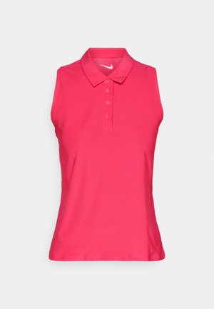 Ružasti polo majica bez rukava s ovratnikom, s pet dugmadi, glatke teksture i Nike logotipom na izrezu.