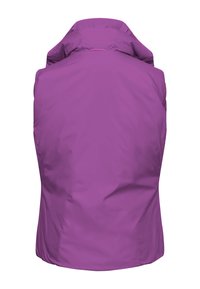 Paarse mouwloze regenjas gezien vanaf de achterkant met hoge kraag en glad, waterbestendig materiaal.