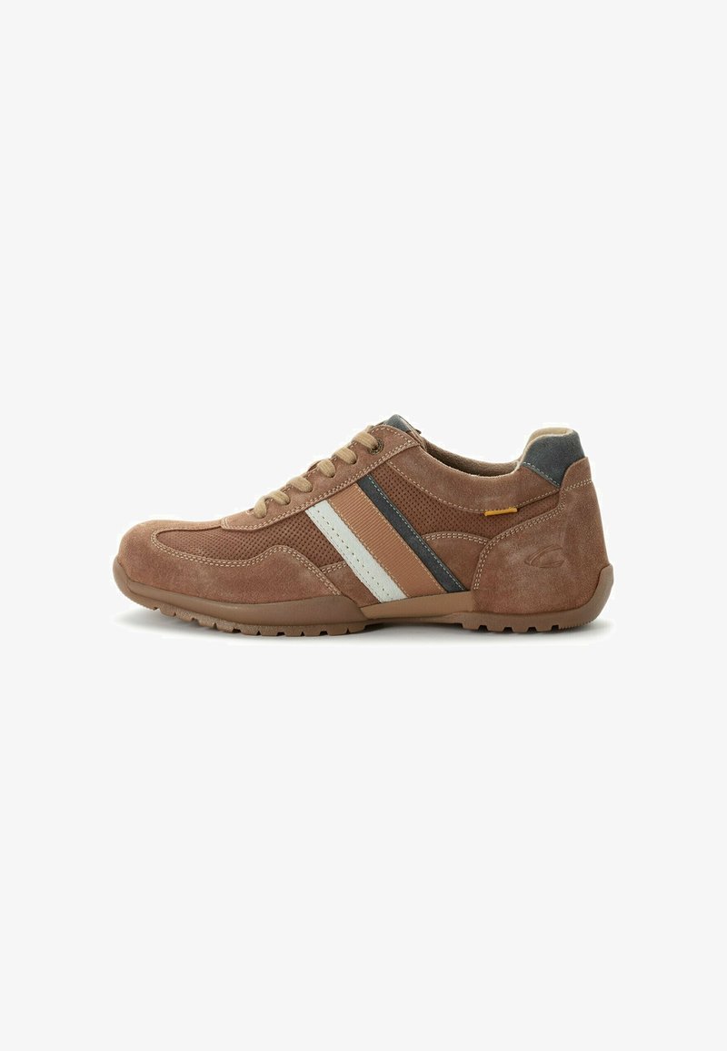 Brown suede sneaker with a white and dark brown stripe, rounded toe, cushioned sole, and lace-up design, featuring a gray fabric accent at the heel.