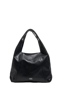 Czarna skórzana torba typu hobo z dużym, zakrzywionym uchwytem, wyraźnym przeszyciem i wytłoczonym logo na przodzie. Gładka faktura o delikatnym połysku.
