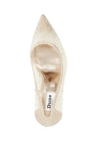 Pointed-toe shoe in ivory fabric, embellished with rhinestones. Interior features a metallic gold finish. Brand label: Dune London.