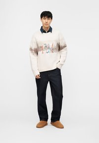 Young man wearing a beige sweater with ski design, dark jeans, tan slip-on shoes, and a dark collared shirt stands against a white background.