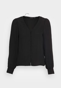 Blouse noire à manches longues avec un col en V, des fermetures à boutons et des manches bouffantes. Confectionnée dans un matériau léger avec une texture lisse.
