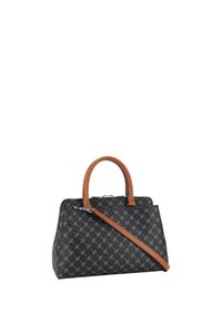 Borsa a tracolla nera con motivo realizzata in materiale sintetico. Presenta manici in pelle color marrone chiaro e una tracolla rimovibile. Chiusura con zip nella parte superiore.