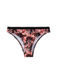 Bas de bikini avec une ceinture élastique noire, orné d'un motif floral vibrant en rose et noir sur un tissu lisse.