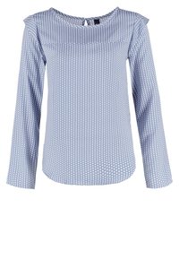 Blouse bleu clair à manches longues avec petits motifs de cœurs blancs et col rond avec petite fermeture bouton au dos.