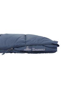 Navy sleeping bag with stitched sections and zipper closure, featuring the "Nomad Blazer 3D Polarshield" logo on the side. Soft fabric texture.