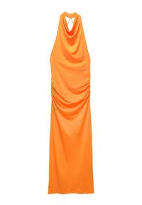 Oranje halternekjurk met gedrapeerde lijfje, geraffineerde zijkanten en een open rugontwerp. Gemaakt van een gladde, rekbare stof.