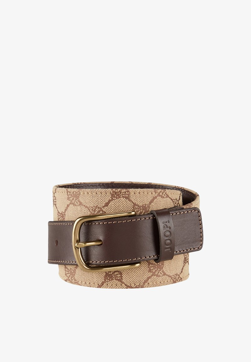 Canvas belt with a light beige woven design featuring brown geometric patterns, complemented by a brown leather strap and gold-tone buckle.