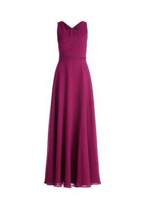 Langes fuchsia Kleid mit V-Ausschnitt, gefaltetem Oberteil und besticktem Taillenbund; fließender Rock mit sanftem Fall und transparenter Überlagerung.