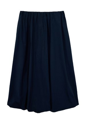 Falda midi azul marino oscuro con dobladillo de globo, cintura elástica fruncida y tela voluminosa drapeada.