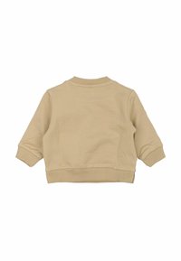 Smėlio spalvos džemperis su ilgomis rankovėmis, rištu rankogaliu ir apačia, minkšta tekstūra ir paprastas dizainas. Nugaros pusė be papildomų detalių ar raštų.