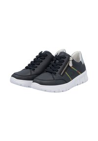 Black leather sneakers with a white rubber sole, featuring laces, a side zipper, and colorful stitching accents on the upper.