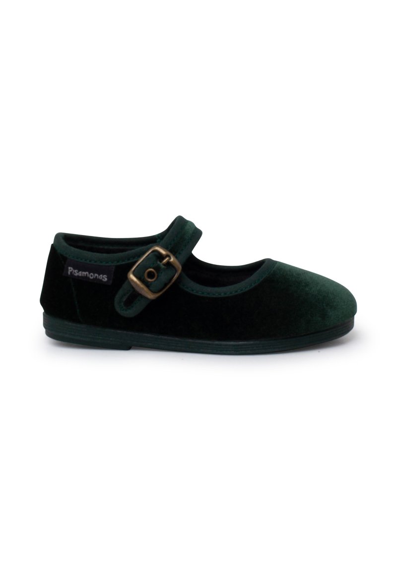 Scarpa Mary Jane in velluto verde scuro con punta arrotondata, cinturino regolabile e dettaglio della fibbia dorata; suoletta in gomma piatta.