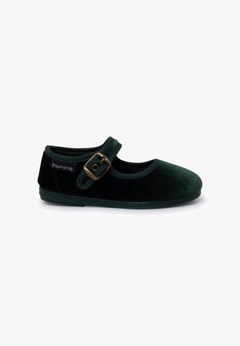 Zapato Mary Jane de terciopelo verde oscuro con punta redonda, correa ajustable y detalle de hebilla dorada; suela de goma plana.