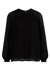 Zwarte blouse met lange, pofmouwen, voorzien van een geribbeld patroon en een opening met sleutelgat aan de achterkant. Gemaakt van een lichtgewicht stof.