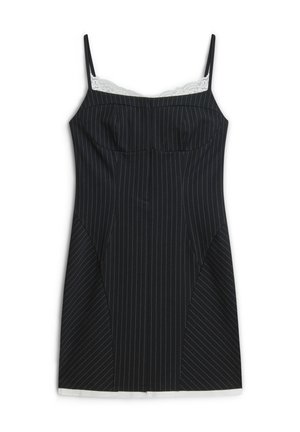 Robe noire à rayures avec une coupe ajustée, bord en dentelle sur le dessus, bretelles réglables et texture lisse. Présente des détails de panneaux latéraux.