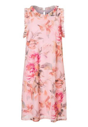 Ärmelloses rosa Blumenkleid mit gerafftem Besatz am Ausschnitt und an den Schultern, mit sanften Blumenmustern in Orange, Pfirsich und Grün.