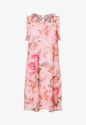 Ärmelloses rosa Blumenkleid mit gerafftem Besatz am Ausschnitt und an den Schultern, mit sanften Blumenmustern in Orange, Pfirsich und Grün.