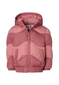 Rosa gesteppte Pufferjacke mit Kapuze, in kontrastierenden Farbtönen, mit Reißverschluss vorne und gerippten Ärmelbündchen. Mit zwei Seitentaschen.