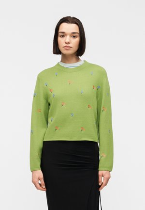 Femme aux cheveux raides foncés portant un pull vert clair avec une broderie de petites fleurs orange et bleues, ainsi qu'une jupe noire.