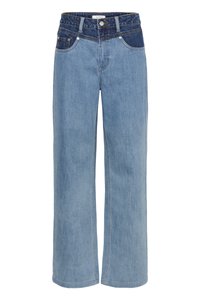 Light blue denim wide-leg jeans featuring a high waist, five-pocket design, and contrasting dark blue patch on the front.
