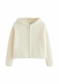 Cardigan cropped con cappuccio in morbido tessuto crema testurizzato con righe verticali, dotato di una zip centrale e maniche lunghe.