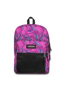 Mochila rosa con un patrón de hojas de palma en azul y verde. Cuenta con un bolsillo frontal de malla negra y cierre con cremallera. Diseño de tela duradera.