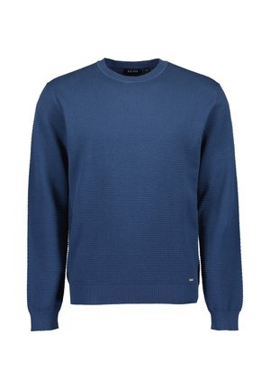 Pull tricoté texturé bleu pour homme avec col rond et manches longues, avec poignets et ourlet côtelés.