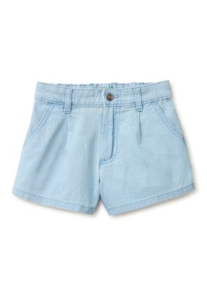 Světle modré džínové kraťasy s předními kapsami, poutky na opasek, zapínáním na knoflík a elastickým pasem vzadu.