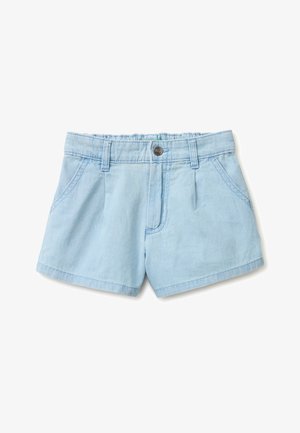 Shorts in denim azzurro chiaro con tasche frontali, passanti per cintura, chiusura con bottone e vita elastica sul retro.