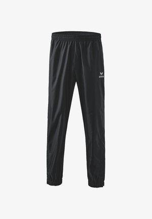 Schwarze Sporthose aus leichtem, glattem Material mit einem elastischen Bund und elastischen Bündchen an den Knöcheln. Logo an der Seite.