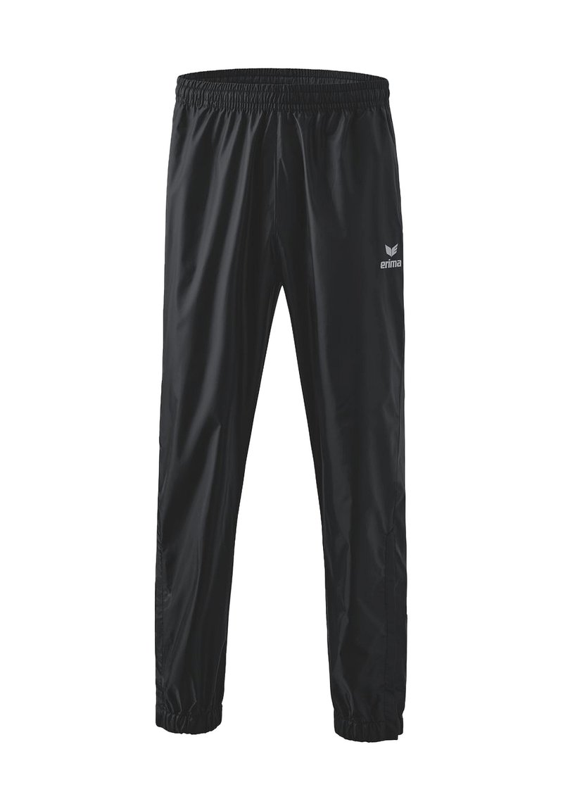 Zwarte sportbroek gemaakt van lichtgewicht, soepel materiaal met een elastische tailleband en elastische boorden bij de enkels. Logo aan de zijkant.