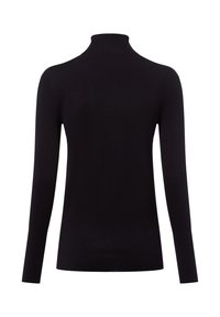Schwarzer Rollkragenpullover mit langen Ärmeln, geripptem Muster und taillierter Passform. Aus weichem Strickstoff, mit hohem Kragen.