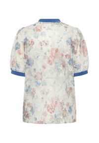 Bluse aus floralem Spitzenmaterial mit blauen und rosa Blumen, gepufften kurzen Ärmeln sowie blauem Kragen und Manschetten, von hinten gezeigt.