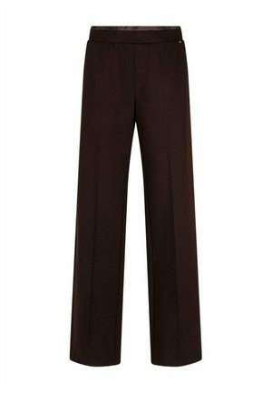 Donkerbruine rechte broek met elastische tailleband, zonder zichtbare zakken of versieringen, effen stof, geschikt voor formele kleding.