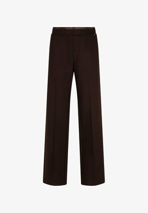 Donkerbruine rechte broek met elastische tailleband, zonder zichtbare zakken of versieringen, effen stof, geschikt voor formele kleding.
