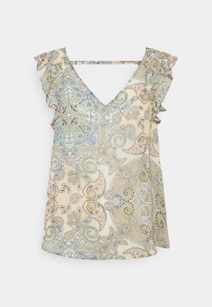 Mouwloze V-hals blouse met geruffelde schouders en beige paisley patroon met blauwe, groene en roze accenten op witte achtergrond.