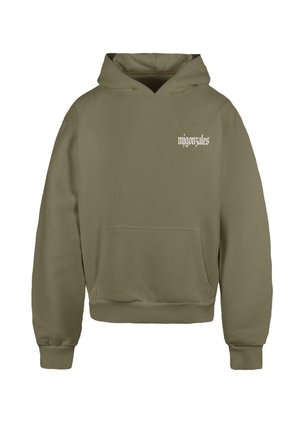 Oliven grøn hættetrøje, blanding af bomuld, med en lomme foran, ribbede manchetter og kant, med "mjgonzales" trykt i hvidt på venstre bryst.