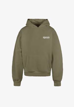 Oliven grøn hættetrøje, blanding af bomuld, med en lomme foran, ribbede manchetter og kant, med "mjgonzales" trykt i hvidt på venstre bryst.