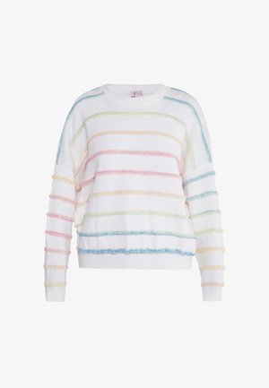 Weißer Pullover mit mehrfarbigen, flauschigen horizontalen Streifen in Pastellfarben. Verfügt über einen runden Halsausschnitt, eine lockere Passform und gerippte Bündchen.