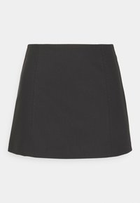 Mini-jupe noire à coupe ajustée, confectionnée dans un tissu lisse. Présente des coutures droites et un design épuré et simple sans motifs.