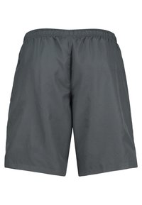 Gray shorts made of lightweight fabric; elastic waistband; knee-length design; smooth texture; no visible patterns or hardware details.